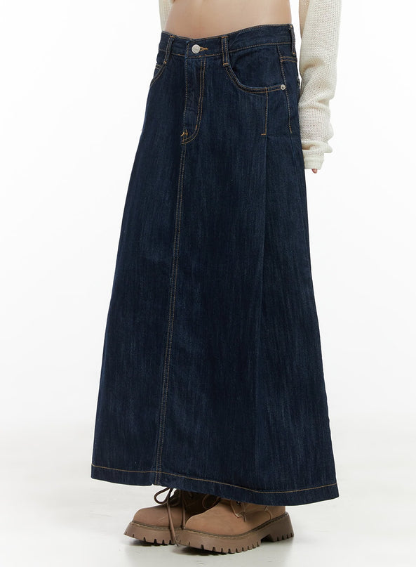 stitched-pintuck-denim-maxi-skirt-cg426 / Dark blue