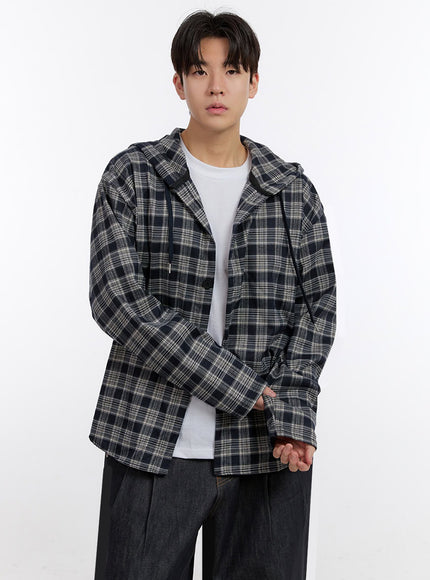 mens-oversize-checkered-hooded-shirt-im525 / Dark blue