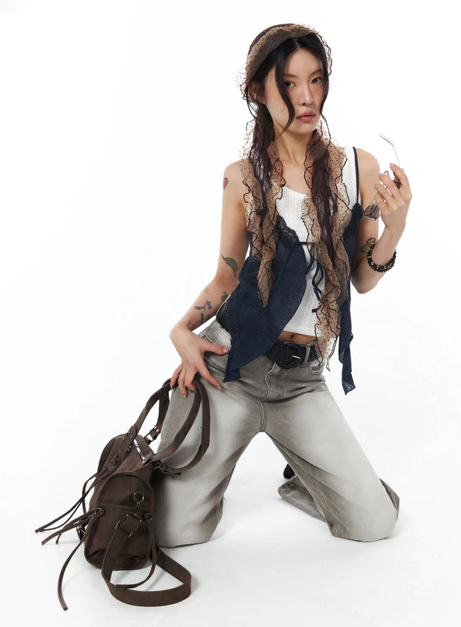 lace-trim-chiffon-cami-top-iu508 / Dark blue