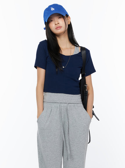 layered-halter-neck-ribbed-tee-iu519 / Dark blue