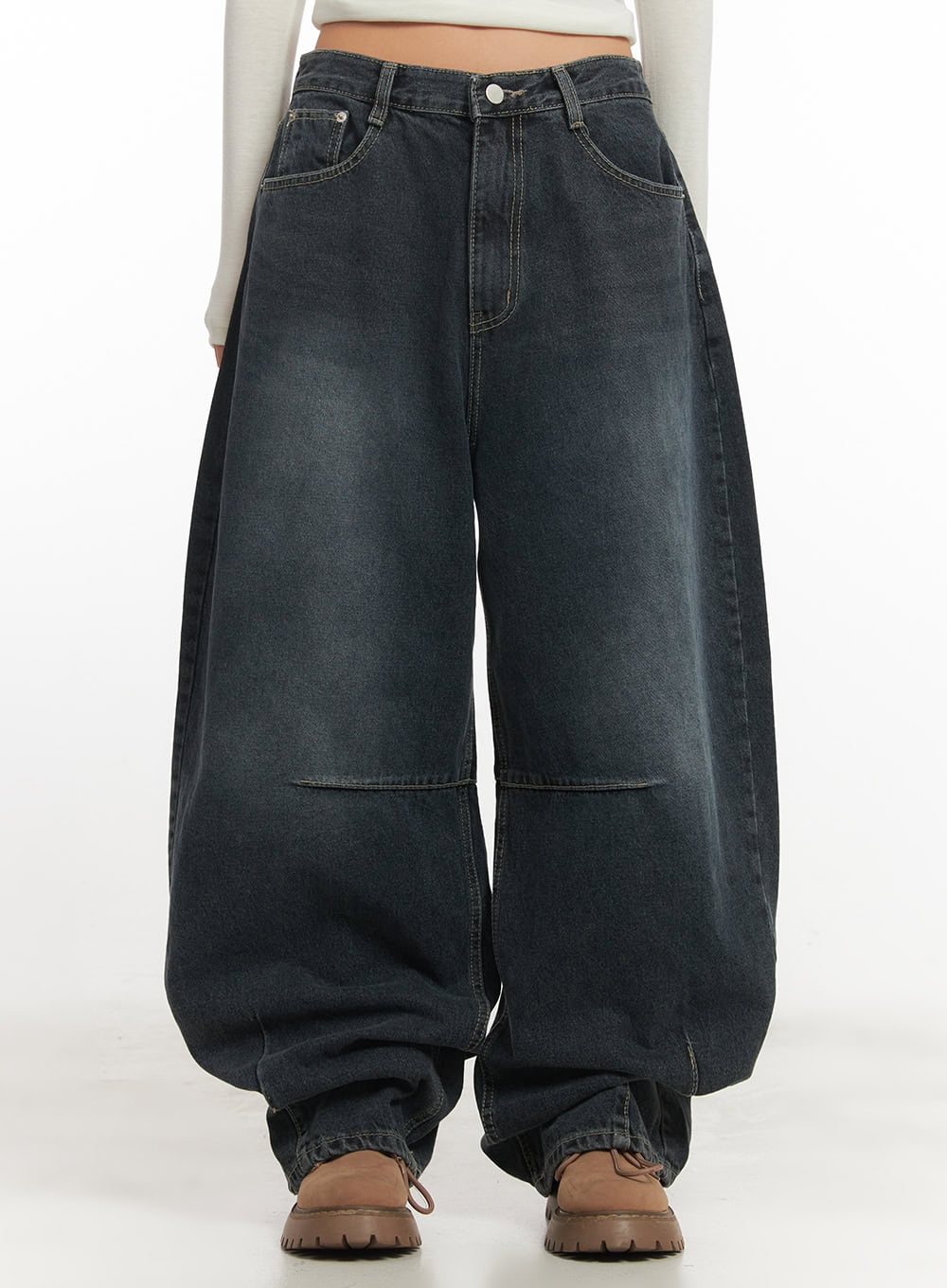LEWKIN Giselle Stitched Balloon-Fit Jeans CF526 in dark blue, front crop shot on model, washed cotton denim with balloon silhouette and contrast stitching, paired with brown chunky boots.