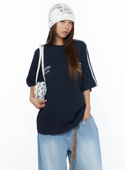 casual-striped-sleeve-tee-ca516 / Dark blue