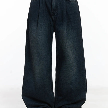 lettie-fleece-pintuck-wide-leg-jeans-cd529 / Dark blue