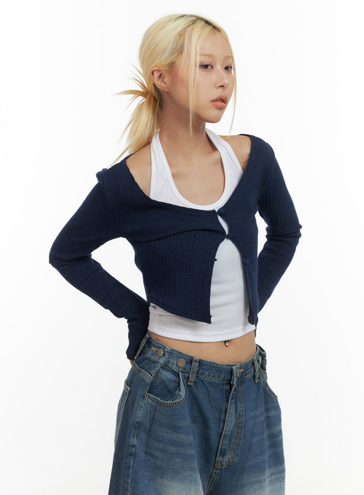 buttoned-slim-fit-crop-cardigan-co414 / Dark blue