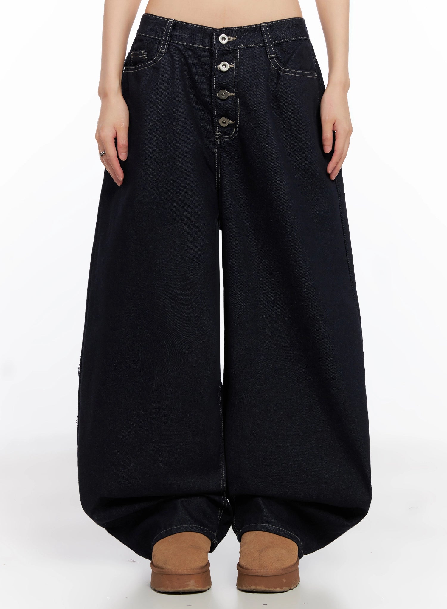 LEWKIN Jazlyn Non-Fade Button Wide Leg Jeans IN503 in dark blue, front view on model, cotton wide-leg silhouette with contrast stitching, button fly, paired with tan platform clogs.