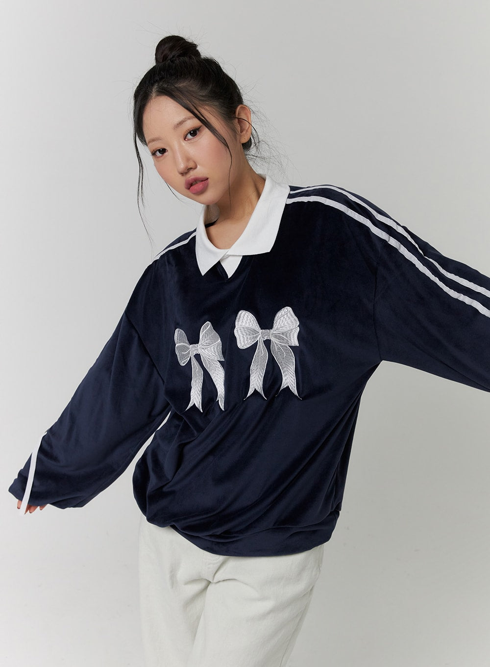 terry-collar-double-ribbon-sweatshirt-cd319 / Dark blue