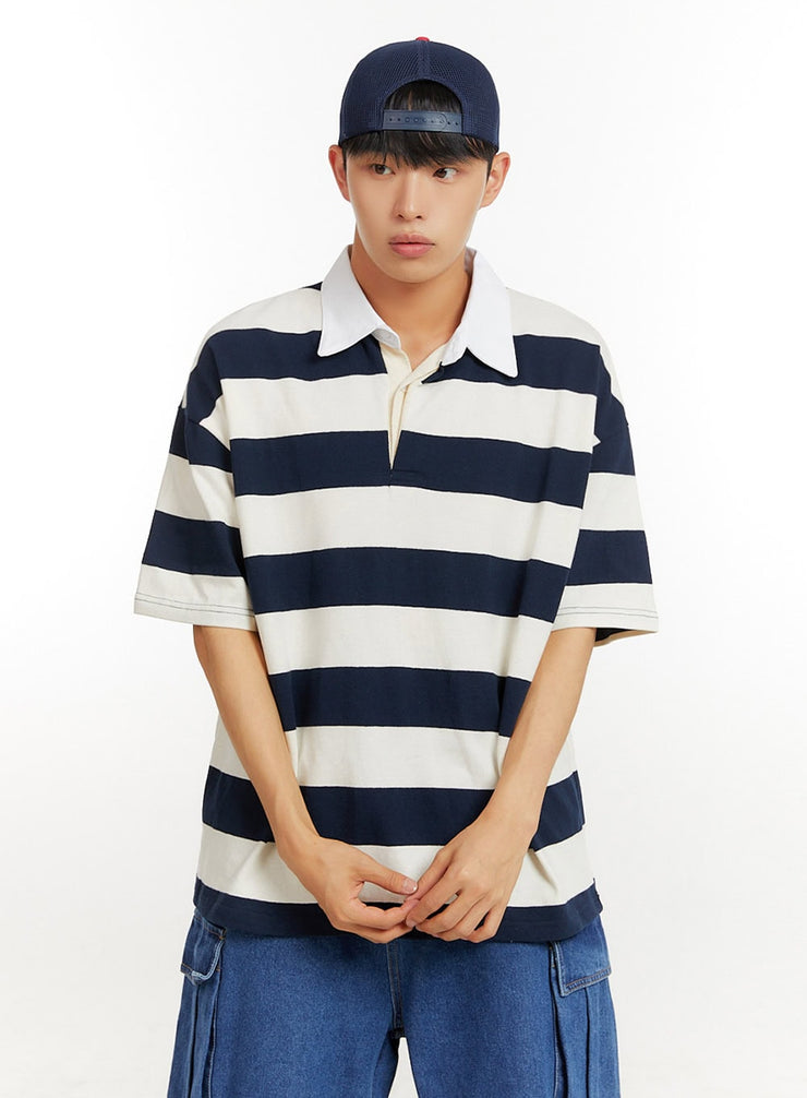 mens-cotton-stripe-collar-t-shirt-iu426 / Dark blue