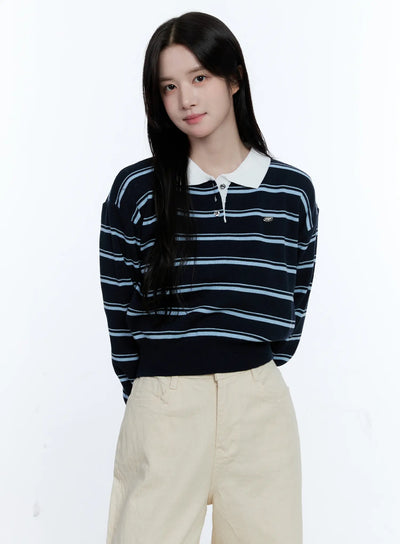 striped-collared-long-sleeve-top-cg513 / Dark blue
