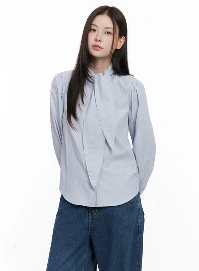 striped-puff-sleeve-tie-blouse-co506 / Dark blue