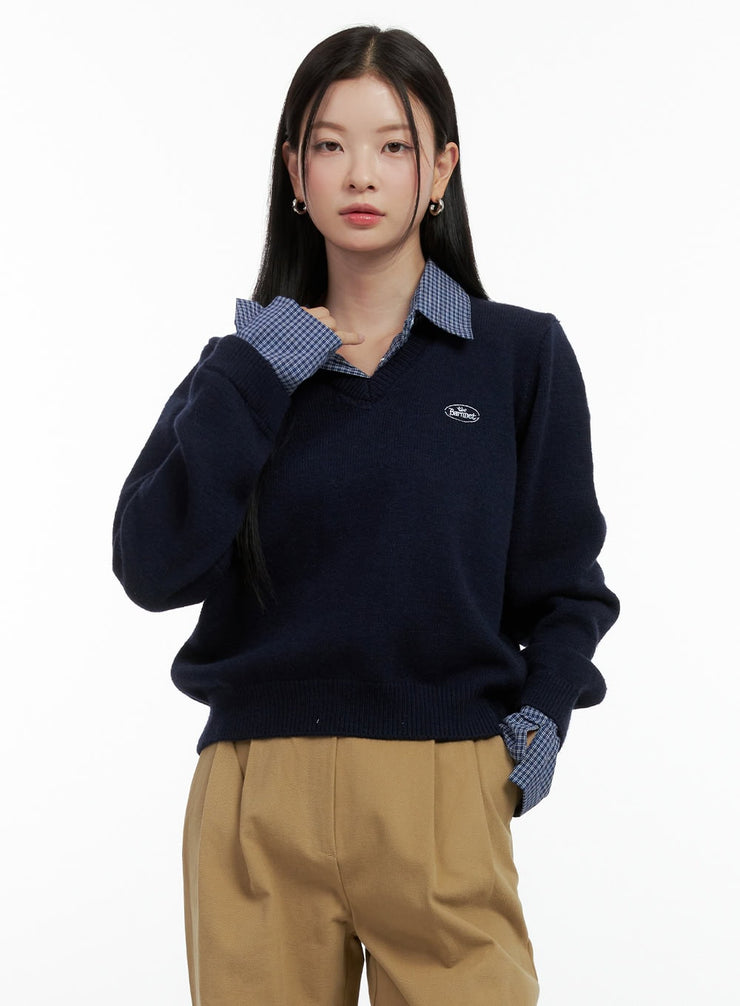 layered-collar-knit-sweater-on408 / Dark blue