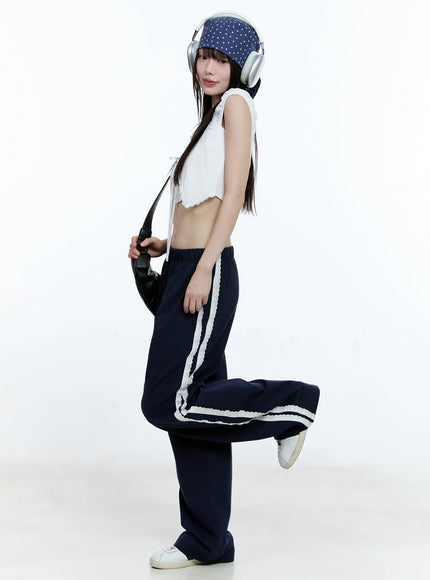 lace-trim-wide-leg-sweatpants-cg511 / Dark blue