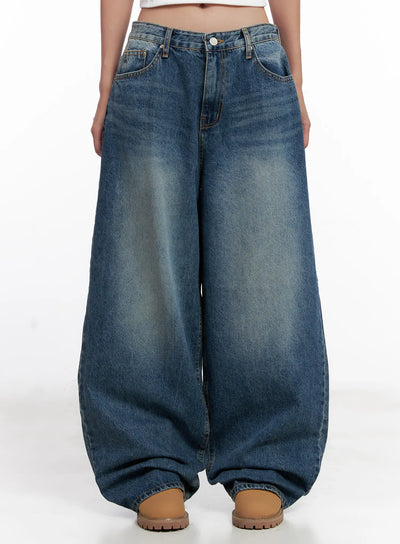 miji-wide-leg-washed-denim-jeans-cl521 / Dark blue