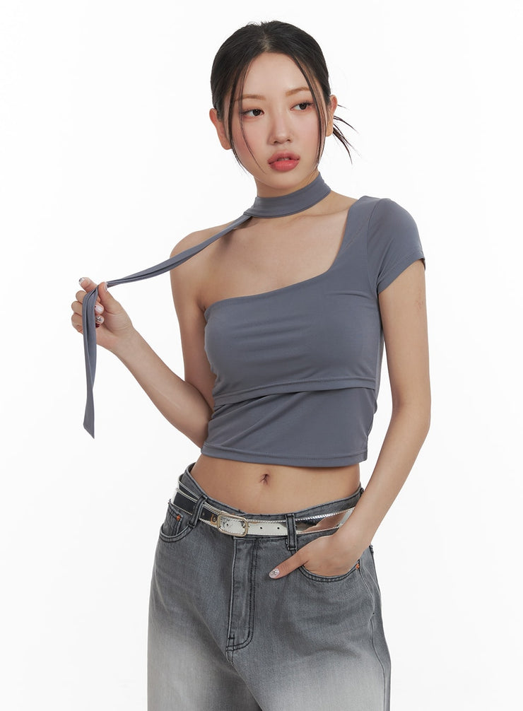 one-shoulder-crop-tee-with-thin-scarf-ca416 / Dark blue