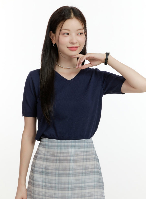 v-neck-short-sleeve-knit-top-ol423 / Dark blue