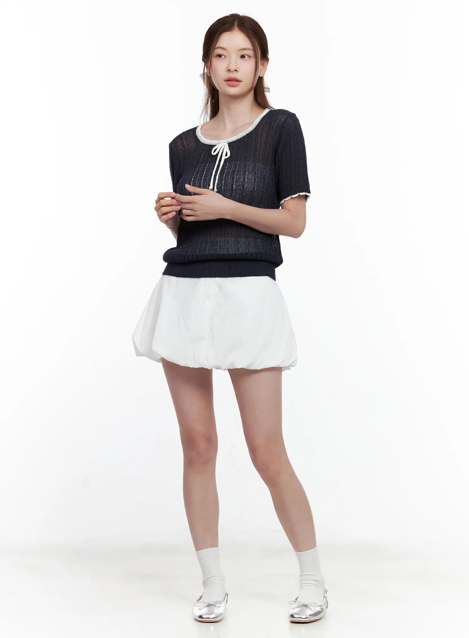 sheer-knit-tie-sweater-top / Dark blue