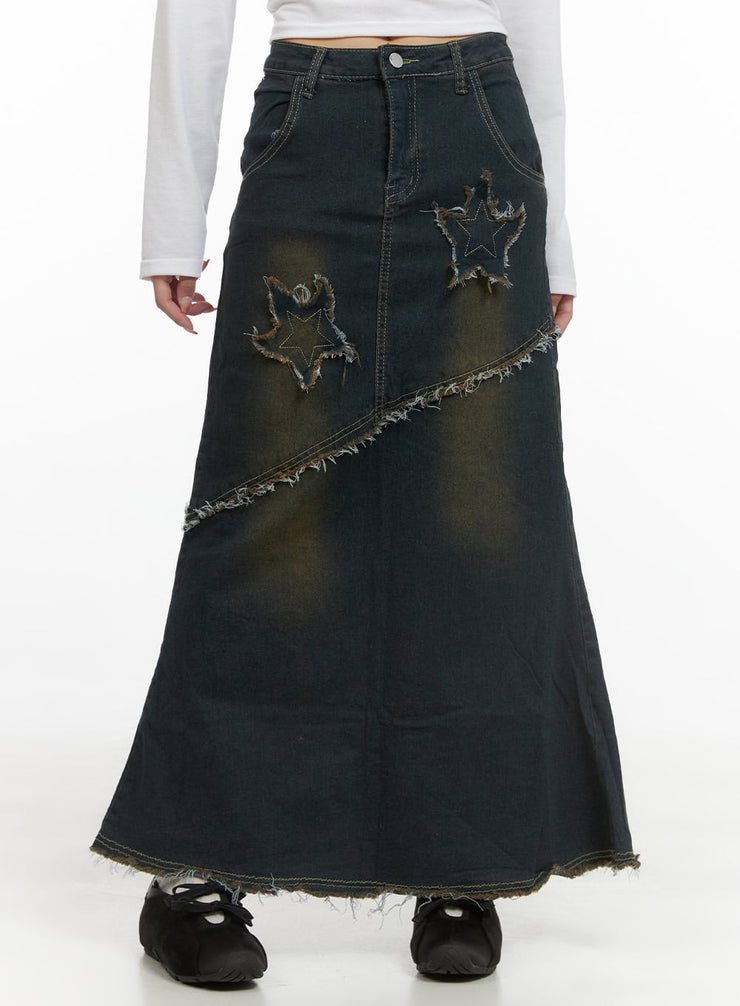 grunge-star-patched-denim-maxi-skirt-cs403 / Dark blue