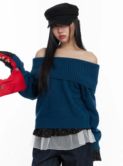 off-shoulder-knit-long-sleeve-top-cf503 / Dark blue