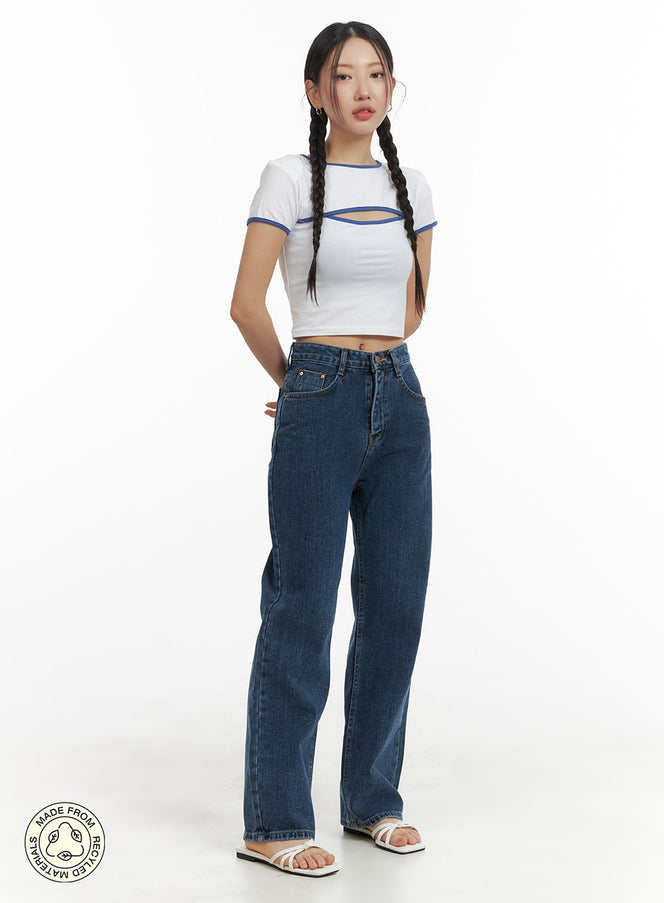 LEWKIN Recycled Straight Fit Jeans OM428 in dark blue, full-body front-angle shot on model, high-waist washed denim with straight wide leg, styled with white crop top and strappy sandals.