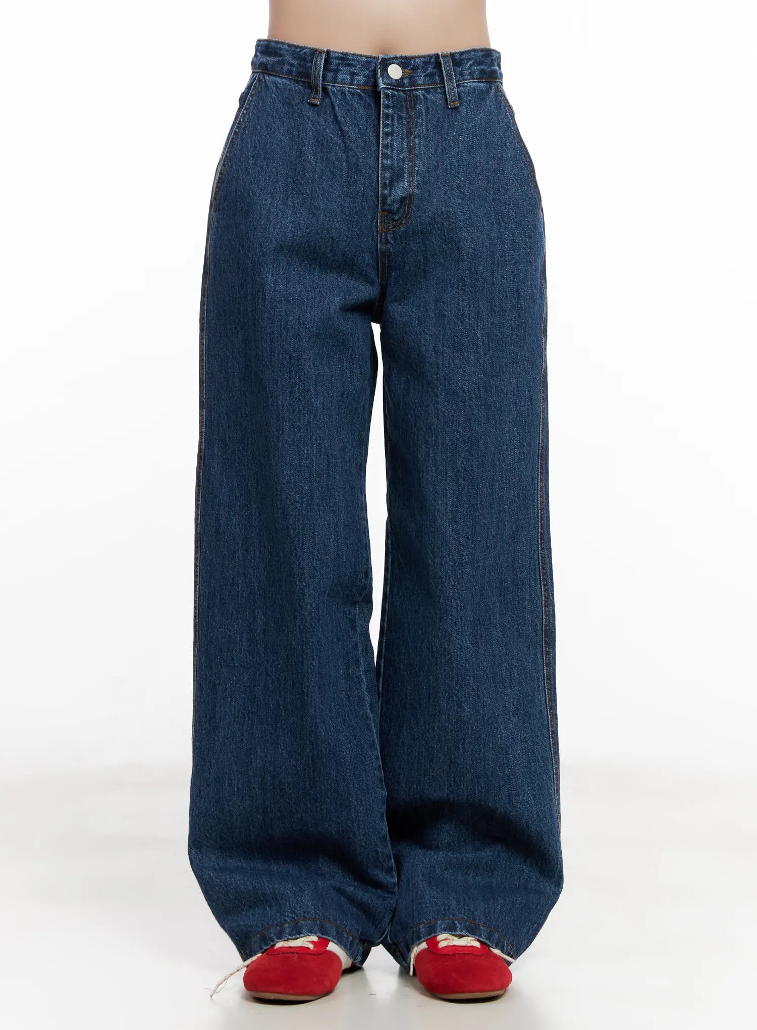 LEWKIN Ahyeon Classic Relaxed-Fit Denim Jeans CL515 in dark blue, front view on model, high-waist wide-leg cotton denim, full length, paired with red flats.