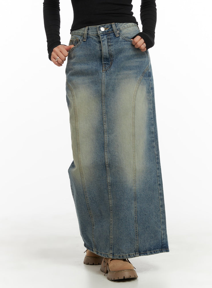 vintage-washed-denim-maxi-skirt-ca403 / Dark blue