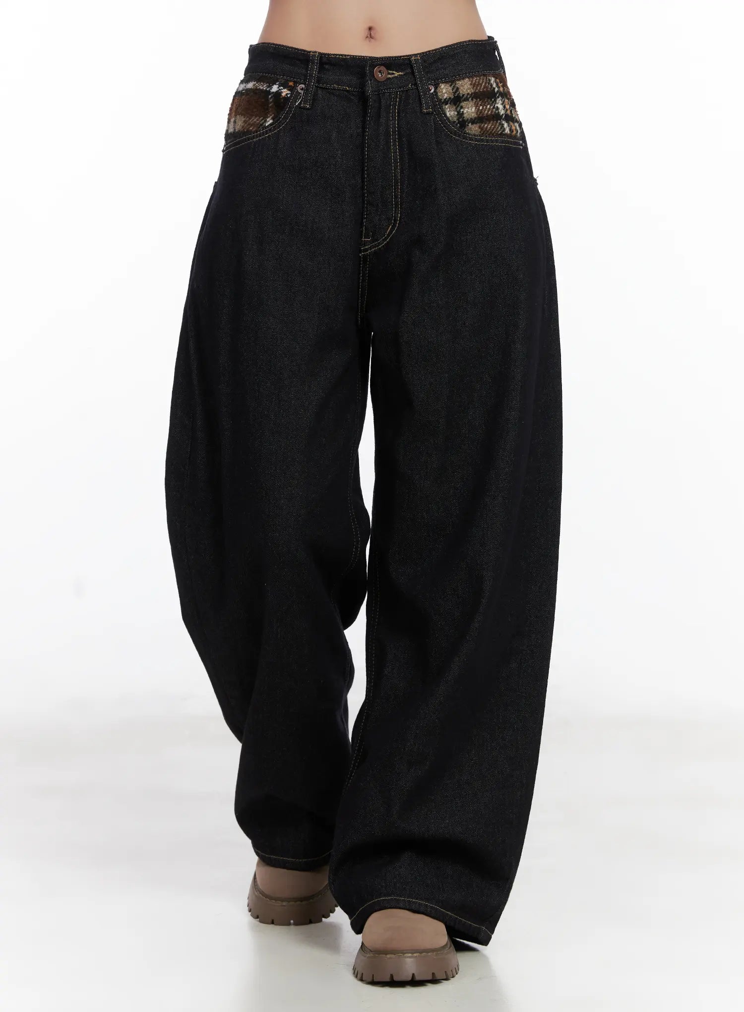 samara-plaid-accent-wide-leg-jeans-cd501 / Dark blue