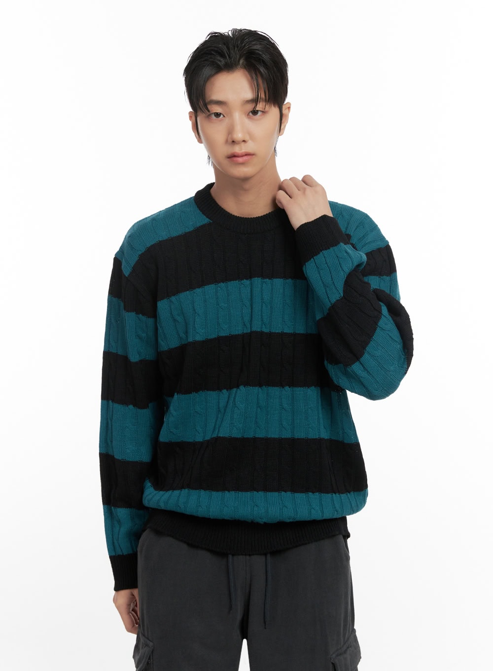 mens-stripe-cable-knit-sweater-id413 / Dark blue