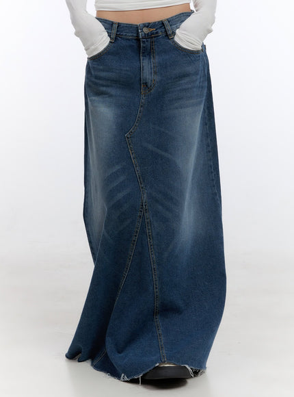 destroyed-washed-denim-maxi-skirt-co419 / Dark blue