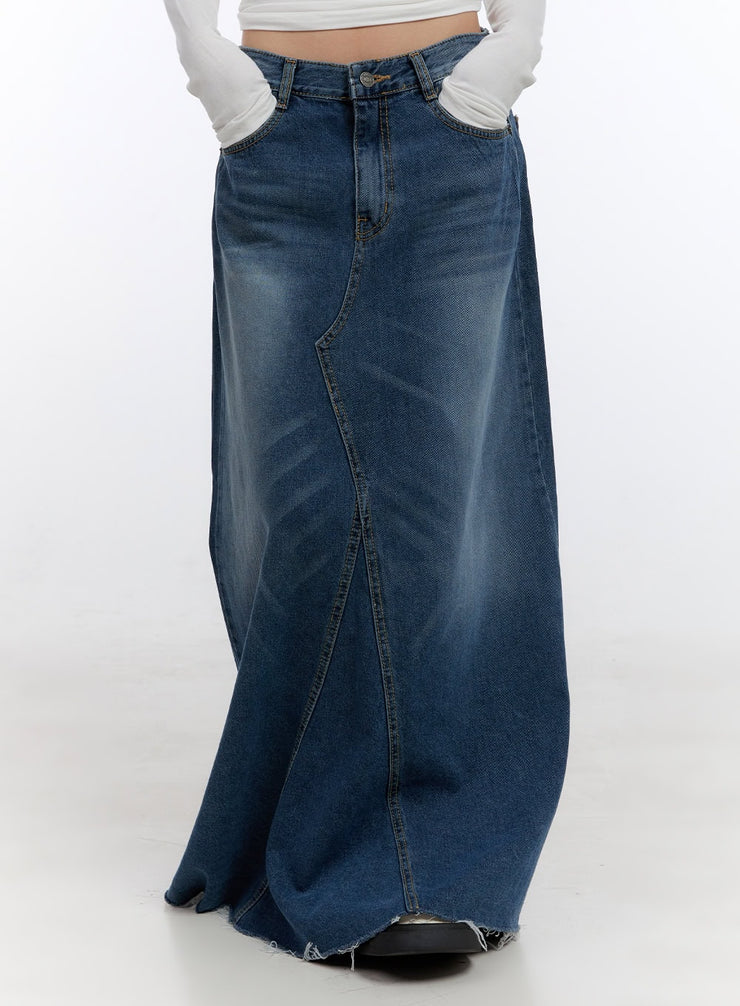 destroyed-washed-denim-maxi-skirt-co419 / Dark blue