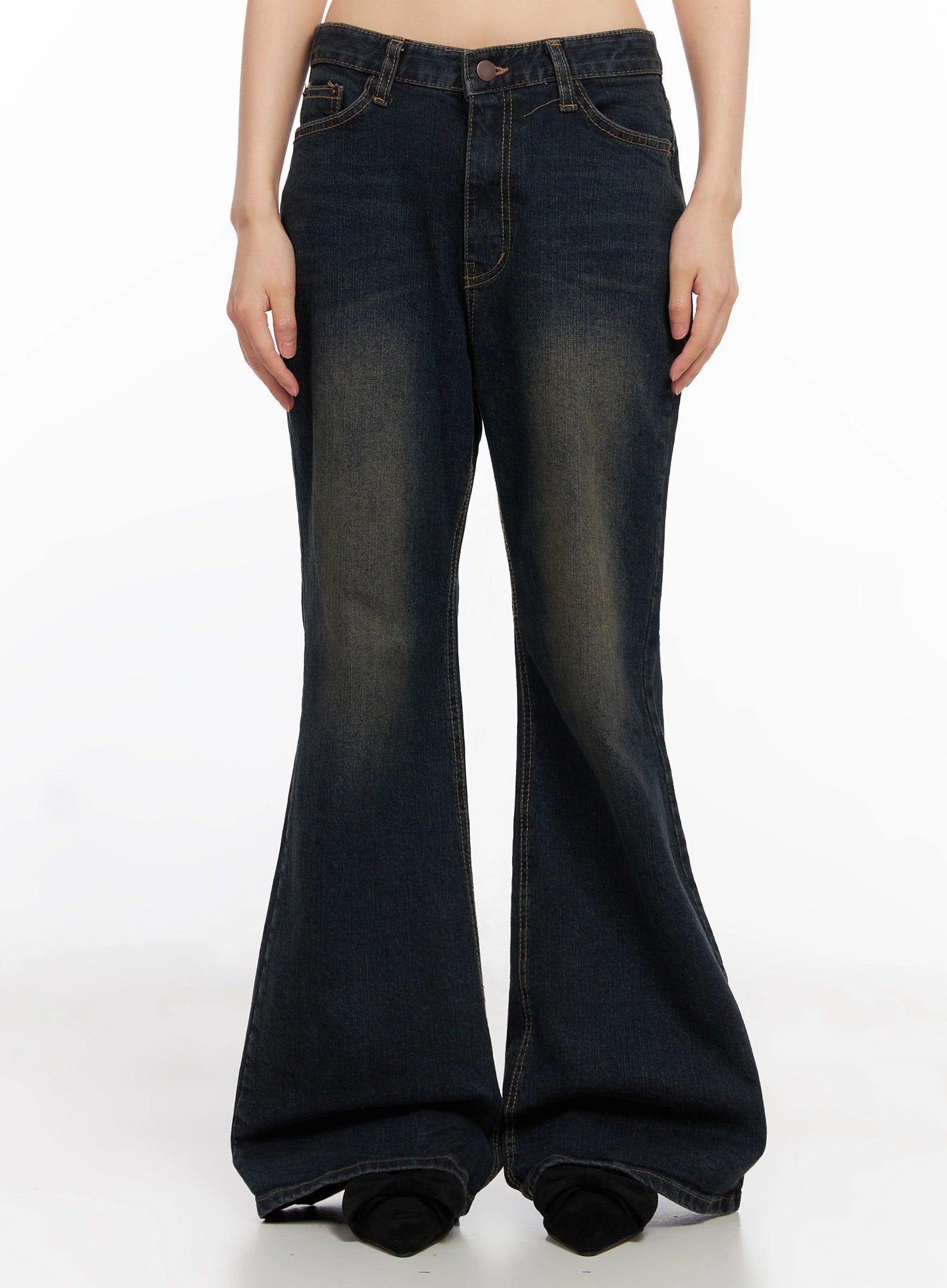 LEWKIN Lyanna Vintage Wash Bootcut Jeans IN503 in dark blue, front view on model, low-rise fit with flared hem, vintage wash cotton-spandex denim, contrast stitching.