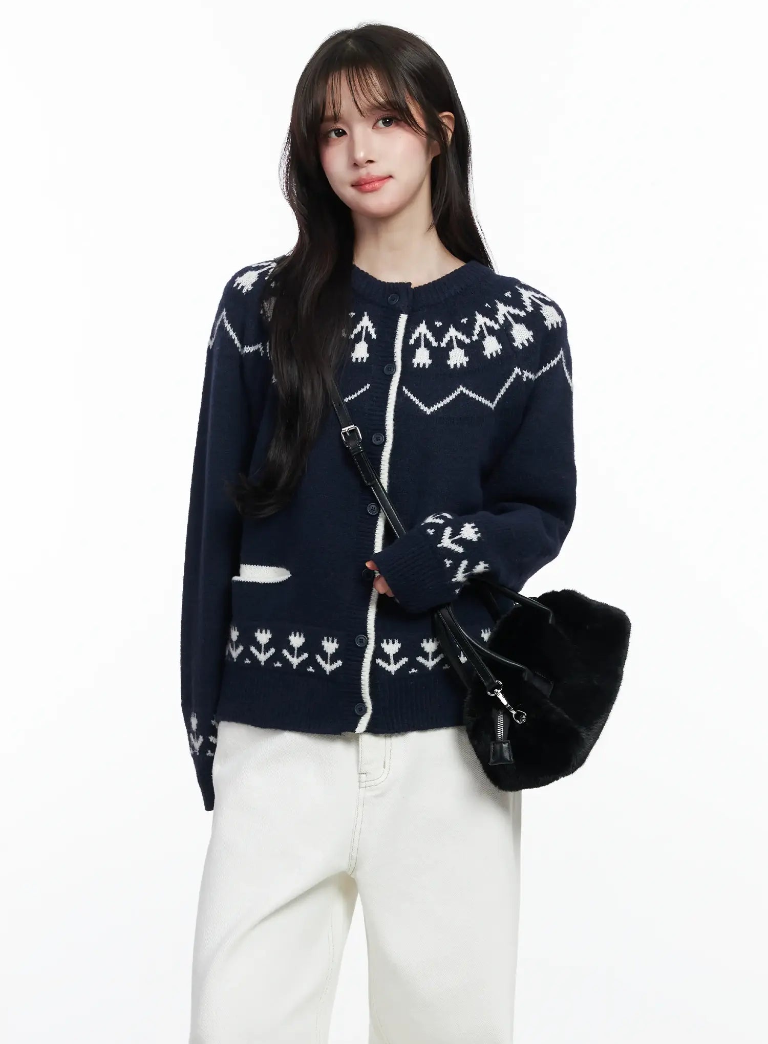 nordic-pattern-button-up-knit-cardigan-ij529 / Dark blue