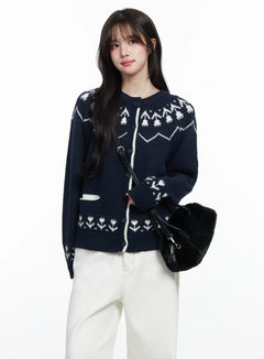 nordic-pattern-button-up-knit-cardigan-ij529 / Dark blue