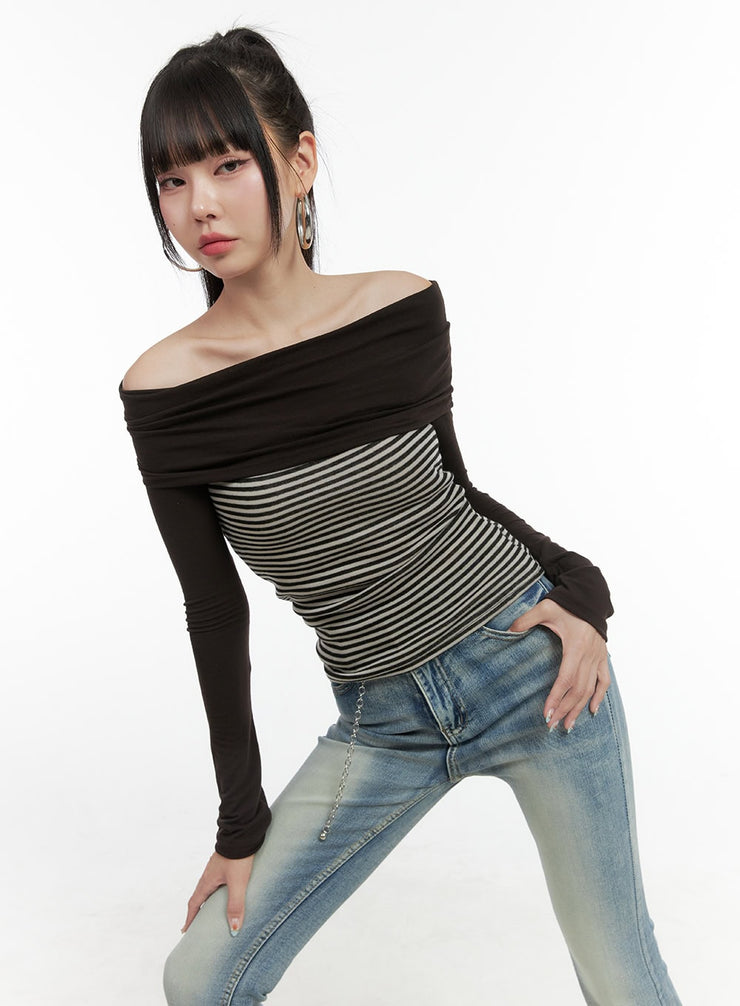 striped-off-shoulder-long-sleeve-os410 / Dark brown