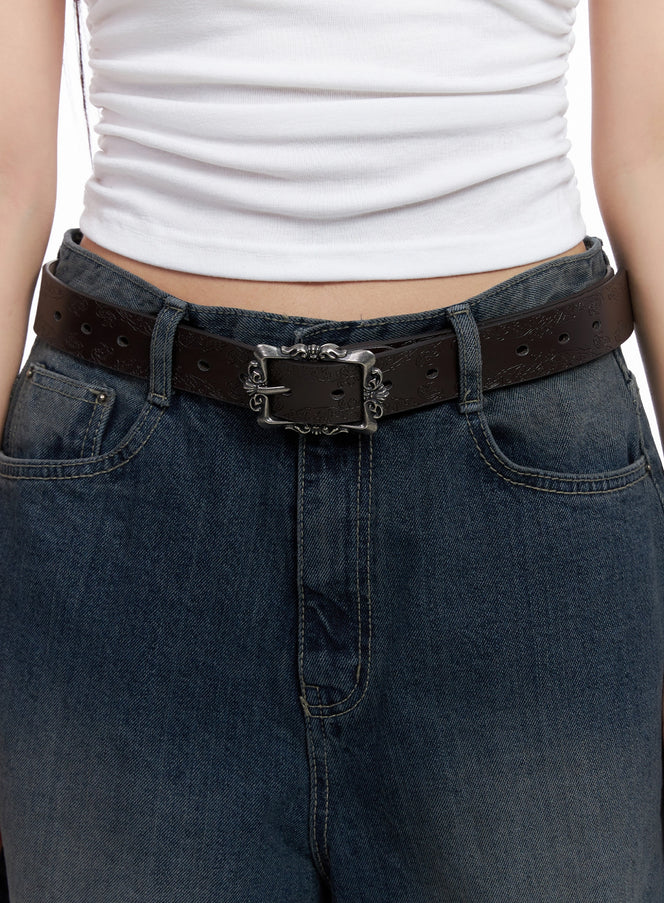 square-buckle-faux-leather-belt-is525 / Dark brown