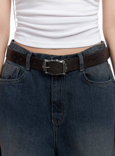 square-buckle-faux-leather-belt-is525 / Dark brown