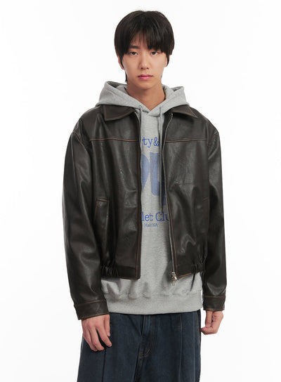 mens-vintage-faux-leather-collared-jacket-ia510 / Dark brown