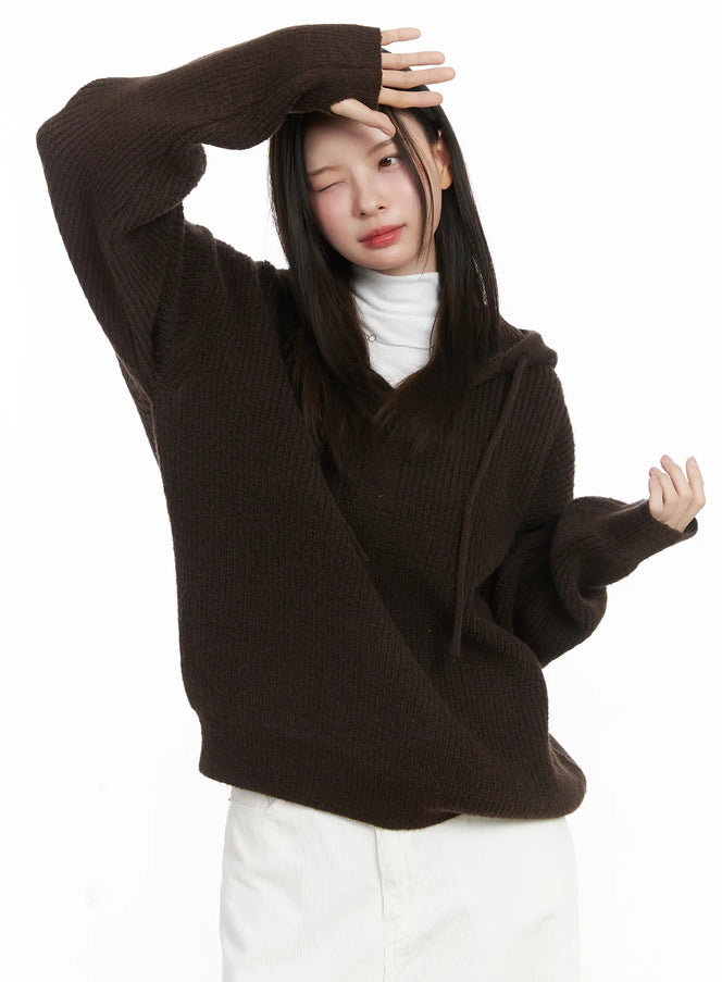 v-neck-knit-hoodie-cj507 / Dark brown