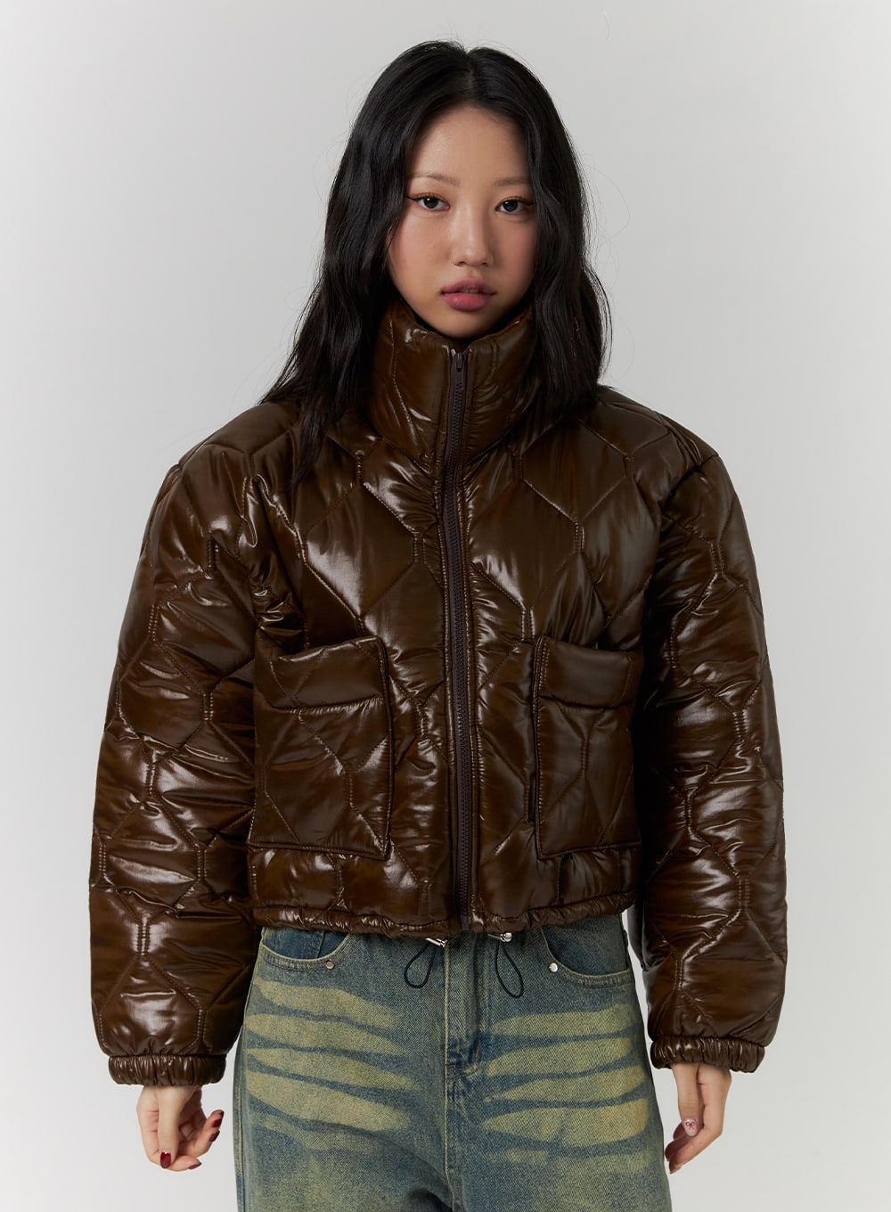glossy-quilted-puffer-jacket-cd319 / Dark brown
