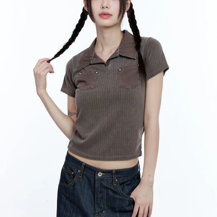 studded-pocket-collared-tee-cg511 / Dark brown