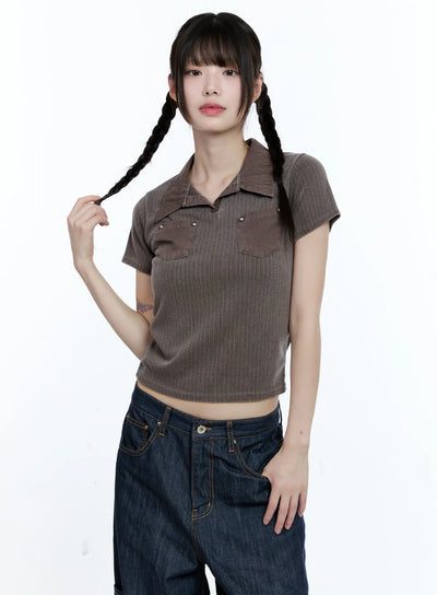 studded-pocket-collared-tee-cg511 / Dark brown