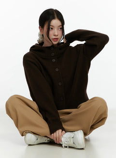 button-hooded-knit-cardigan-f502 / Dark brown
