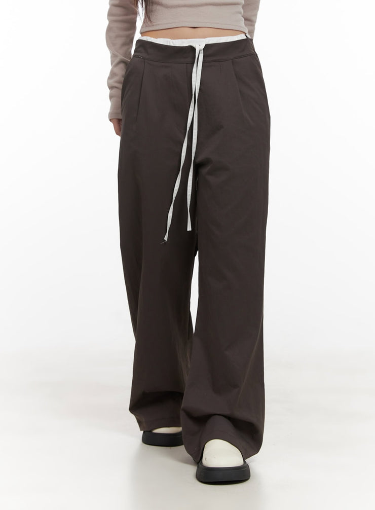 string-detail-solid-wide-fit-pants-cd413 / Dark brown