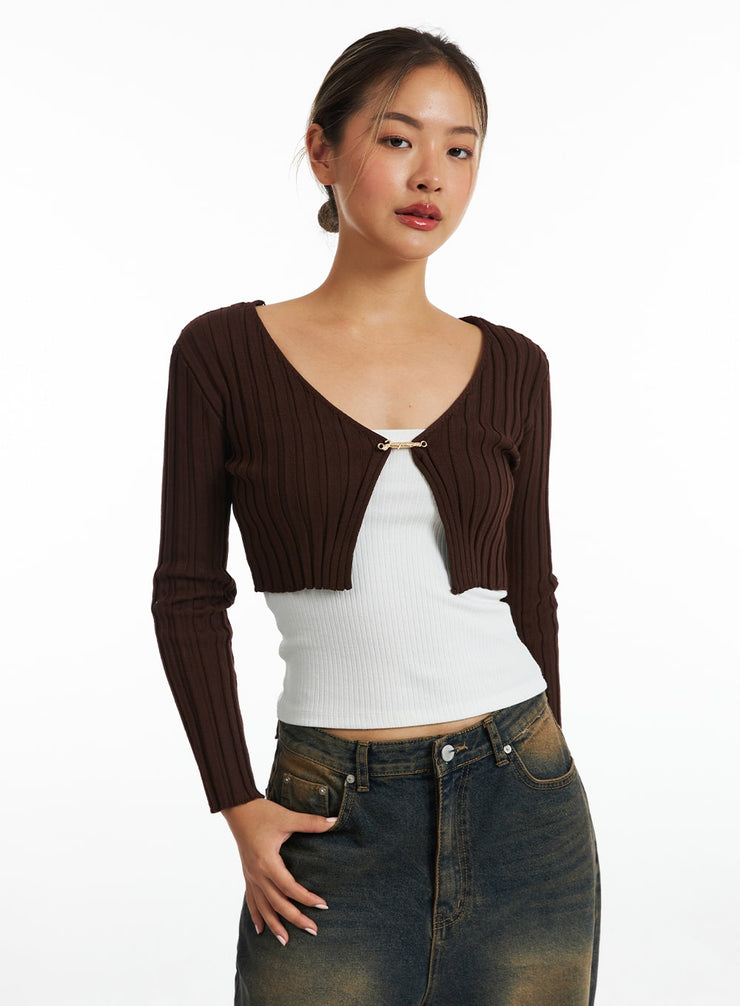 chain-front-ribbed-crop-cardigan-co318 / Dark brown