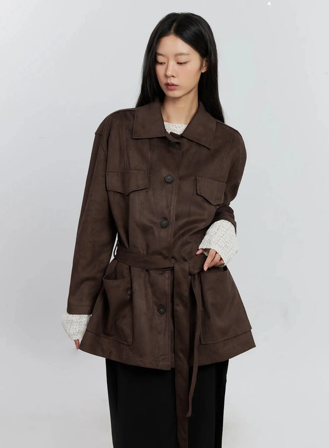 suede-style-button-up-jacket-is515 / Dark brown