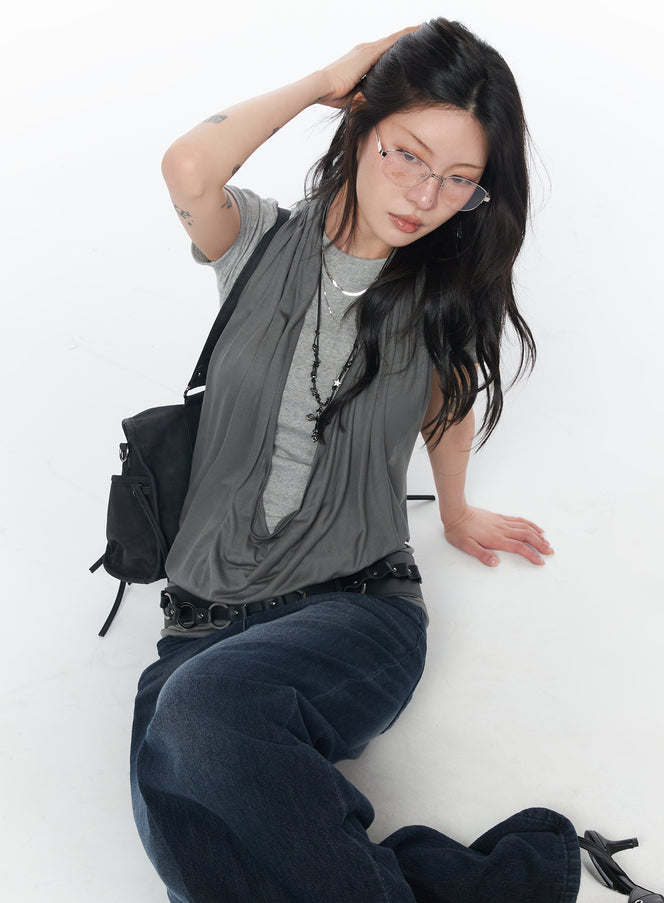 draped-halter-neck-tank-top-ca524 / Dark gray