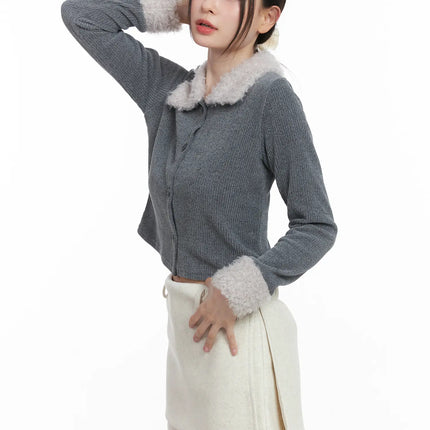 faux-fur-trim-knit-cardigan-cj506 / Dark gray