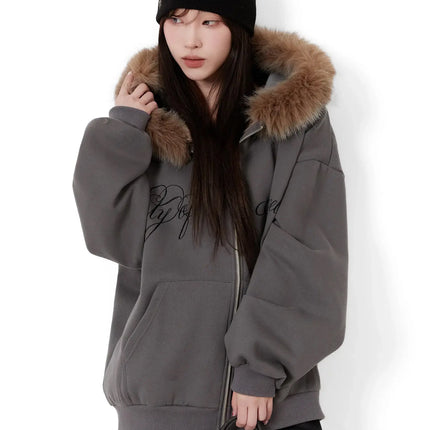 faux-fur-printed-zip-up-hoodie-id531 / Dark gray