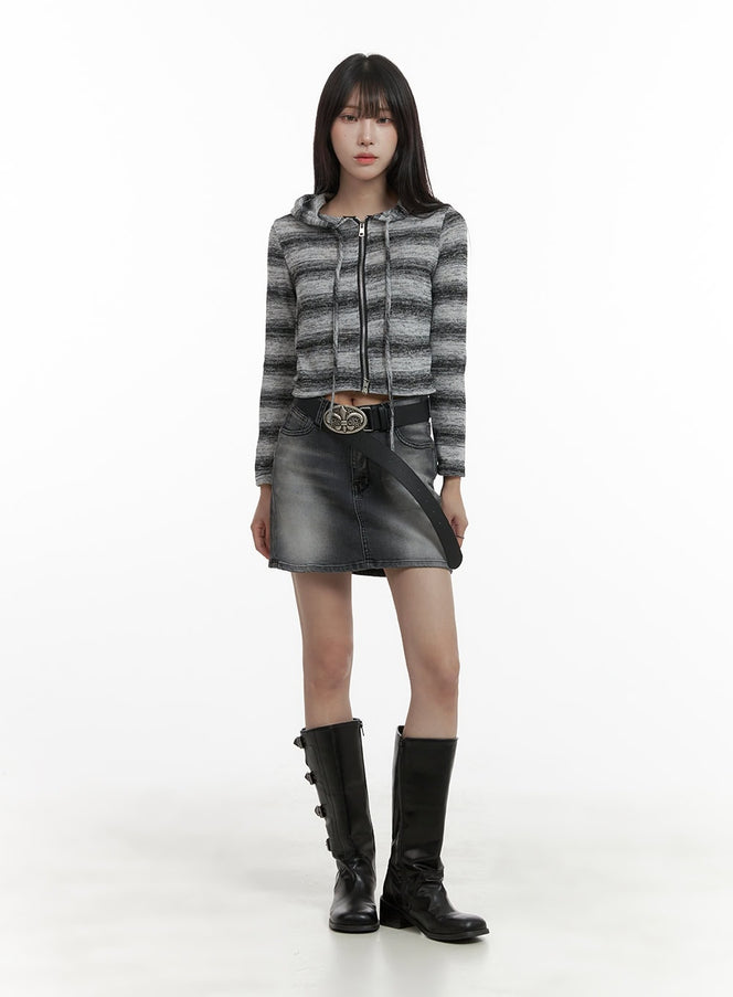 LEWKIN Cotton Washed Denim Mini Skirt CA426 in dark gray, full-body front view on model, normal fit cotton denim with washed finish, styled with striped hoodie, belt, and black knee-high boots.