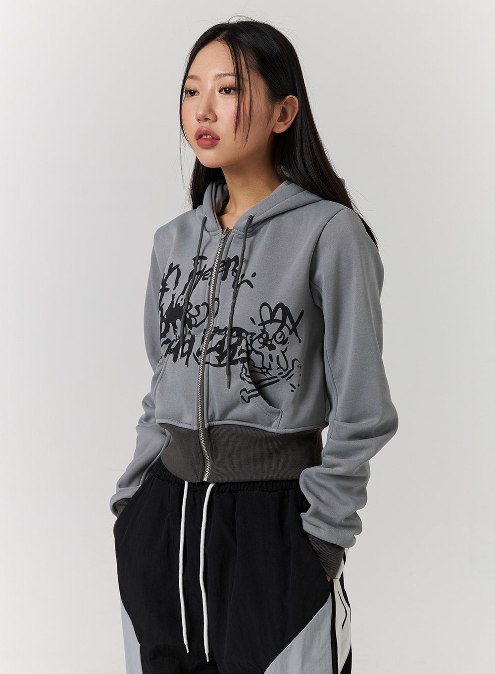 Crop Graphic Zip-Up Hoodie CD329 - Acubi style | LEWKIN