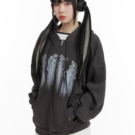 graphic-lettering-oversized-hoodie-jacket-om426 / Dark gray