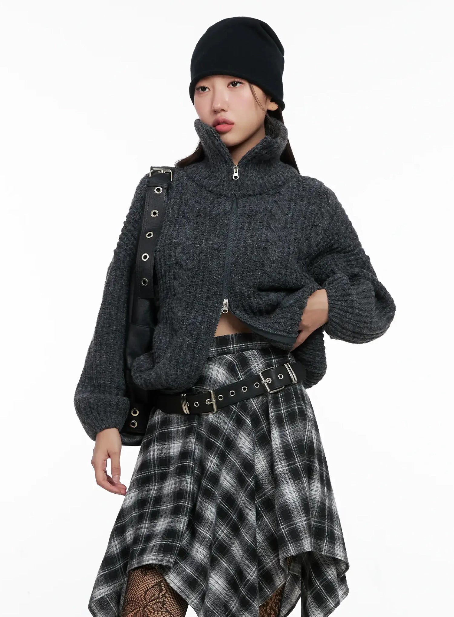 high-neck-chunky-zip-up-sweater-ig527 / Dark gray